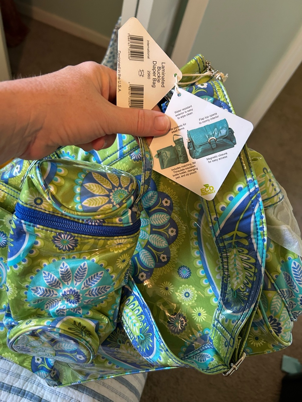 Laminated Floral Diaper Bag - Green & Blue